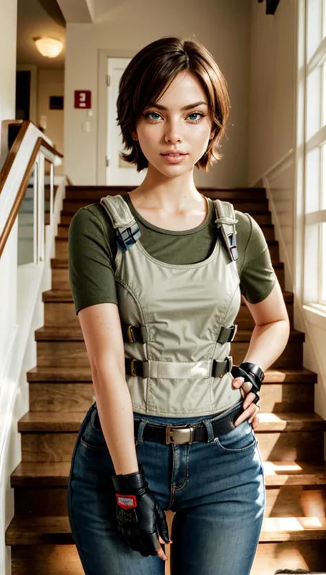 masterpiece, best quality, highres, intricate detail,  <lora:rebeccachambers-nvwls-v1:1> reRebecca, vest, green shirt,pouch,  <lora:epiCRealismHelper:1>, upper body, stairs, sitting on stairs, first aid kit, hands on hip, fingerless gloves, parted lips, hallway, places from resident evil 0, <lora:add_detail:2>