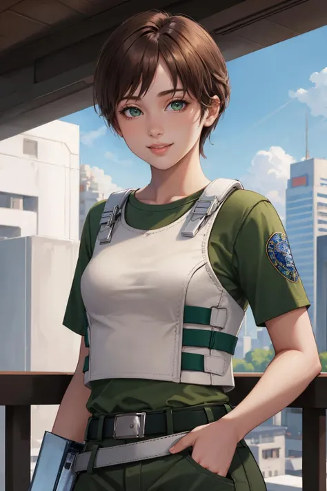 masterpiece, best quality, rerebecca, vest, green shirt, belt, pouch, green pants, upper body, sky, city, grey skies, chiaroscuro shading, smile, looking at viewer <lora:rebeccachambers-nvwls-v1-000010:0.9>