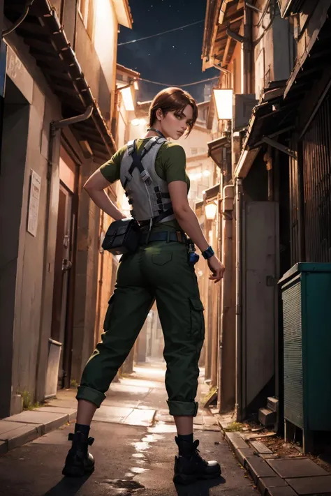 masterpiece, best quality, rerebecca, vest, green shirt, belt, pouch, green pants, city, night, dark alley, dynamic pose, looking at viewer, serious <lora:rebeccachambers-nvwls-v1-000010:0.9>