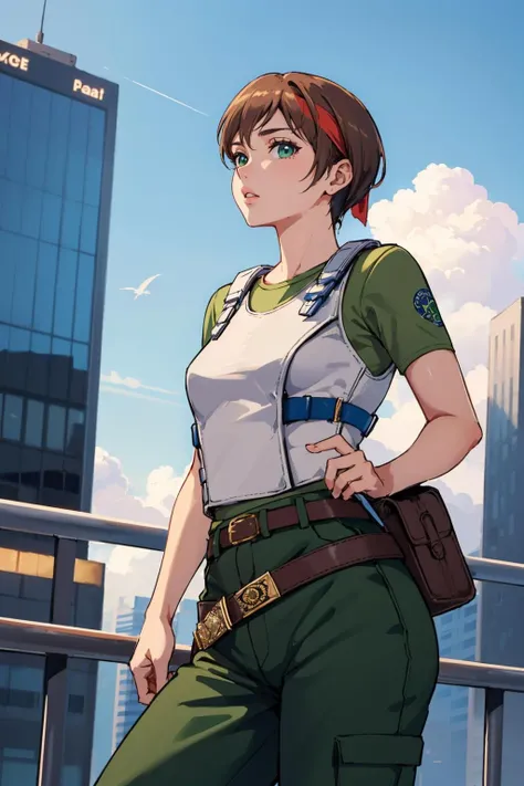 masterpiece, best quality, rerebecca, vest, green shirt, belt, pouch, green pants, headband, looking at viewer, cowboy shot, sky, looking up, clouds, city, high-rise buildings <lora:rebeccachambers-nvwls-v1-000010:0.9>