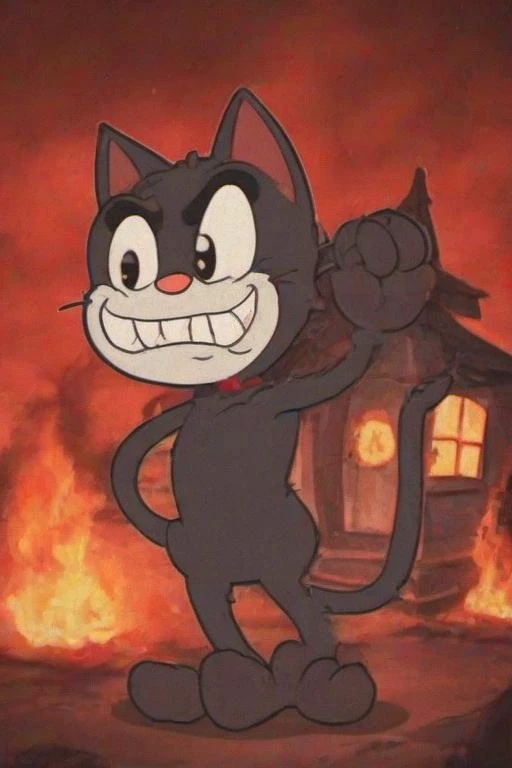<lora:PE_OldCartoonStyle:0.9> PEOldCartoonStyle,Cartoon,
cat evil smile,background buring house
