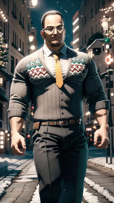 <lora:senatorArmstrong:0.8> senatorarmstrong, muscular male, glasses, necktie, black pants, Nanomachines, BREAK, <lora:world_christmassweater-20:0.8> christmassweater, green sweater, BREAK, snowing, snow, winter, BREAK,, masterpiece, best quality, extremely detailed, highly quality, 4k, sharp focus, professional, sharp focus, award winning, cinematic lighting, octane render, unreal engine, volumetrics dtx, Wallpaper,