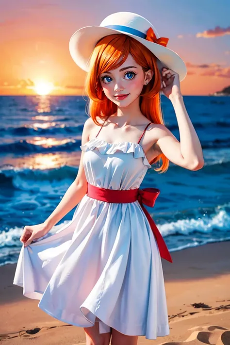 1girl, long orange hair, blue eyes, white hat, white dress, bow, ribbon, sleeveless, looking at viewer, smiling, blush, medium shot, standing, cute pose, outside, beach, ocean, sunset, dusk, romantic ambiance, high quality, masterpiece, <lora:MonaMarioWare:.7>