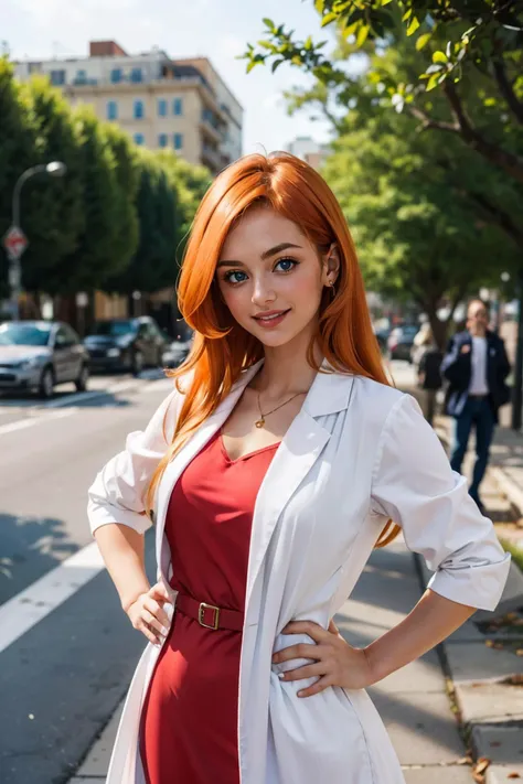 1girl, long orange hair, blue eyes,red dress, labcoat, looking at viewer, smiling, upper body shot,
standing ,hands on hips, outside, city, street, overcast, tree, high quality, masterpiece, <lora:MonaMarioWare:.7>