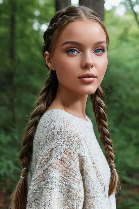 portrait of S393_AnnaZak,a gorgeous woman,in a (forest:1.1),wearing a (sweater:1.1),(braids),(4k, RAW photo, best quality, 50mm, depth of field, ultra high res:1.1),(intricate, photorealistic, cinematic-shot, masterpiece, ultra-detailed:1.1),