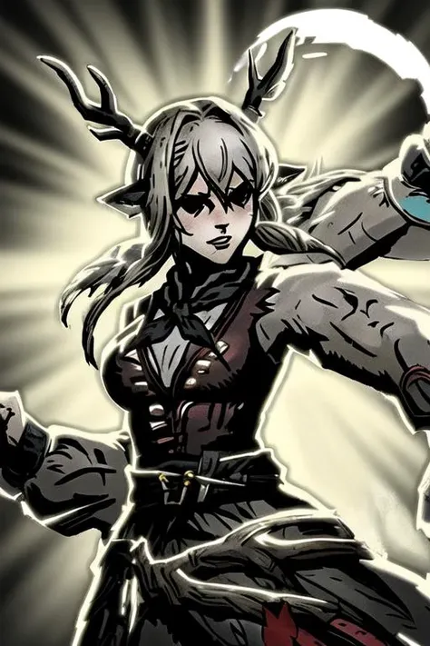 masterpiece, best quality, <lora:DarkestDungeon_virtue:1>, darkest dungeon, virtue, <lora:Alina_V3:0.88>, Alina, black deer ears, long dress, antlers
