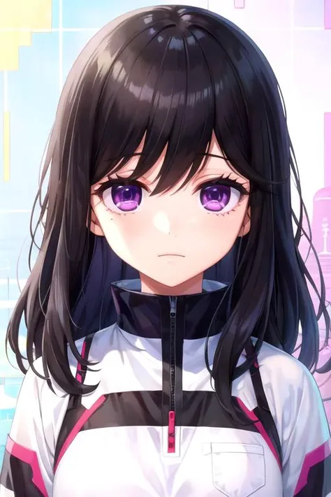 masterpiece, best quality, wallpaper, 1girl, solo, looking at viewer, upper body, , <lora:miyako_godai:0.70>, miyako_godai, black hair, purple eyes, , science fiction soft science fiction, 12k resolution