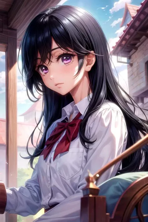 masterpiece, best quality, wallpaper, 1girl, solo, looking at viewer, upper body, , <lora:miyako_godai:0.74>, miyako_godai, black hair, purple eyes, , The Palace of Dreams, Blu-ray