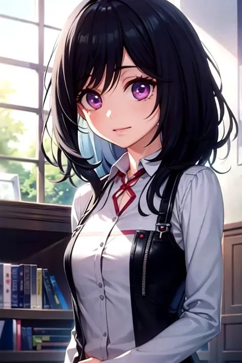 masterpiece, best quality, game cg, 1girl, solo, looking at viewer, upper body, , <lora:miyako_godai:0.72>, miyako_godai, black hair, purple eyes, , science fiction science fantasy,