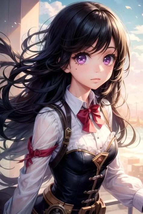 masterpiece, best quality, sketch, 1girl, solo, looking at viewer, , , <lora:miyako_godai:0.66>, miyako_godai, black hair, purple eyes, , , steampunk,