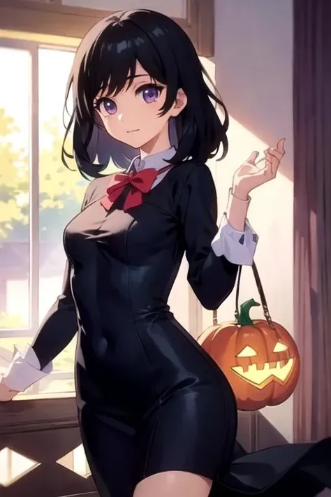 masterpiece, best quality, illustration, 1girl, solo, looking at viewer, , depth of field, <lora:miyako_godai:0.66>, miyako_godai, black hair, purple eyes, pumpkin costume, , High definition