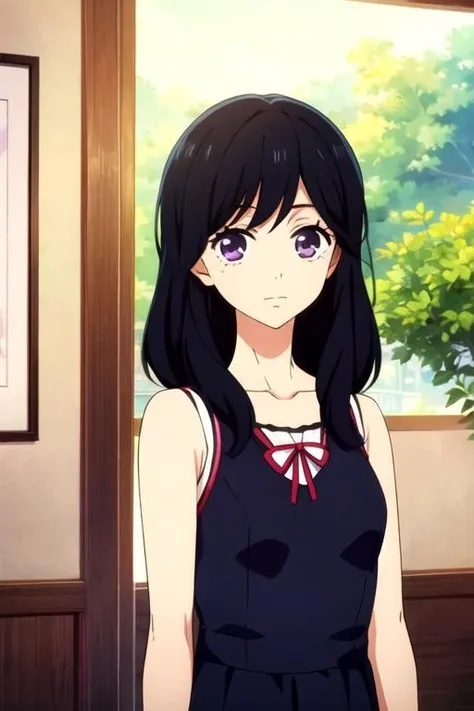 masterpiece, best quality, illustration, 1girl, solo, looking at viewer, upper body, , <lora:miyako_godai:0.68>, miyako_godai, black hair, purple eyes