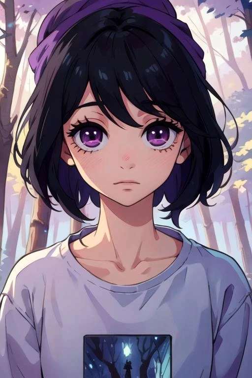 masterpiece, best quality, wallpaper, 1girl, solo, looking at viewer, upper body, , <lora:miyako_godai:0.70>, miyako_godai, black hair, purple eyes, sweatshirt, turban, The Forest of Mirrors: A place where reality is distorted and nothing is as it seems,