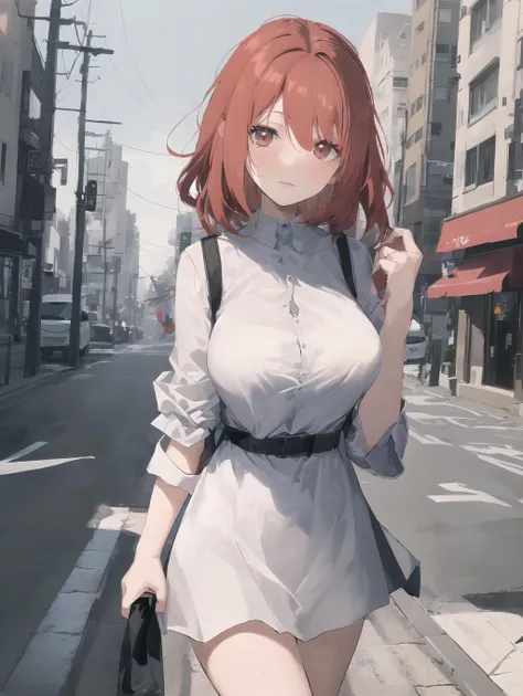 cute girl, city road, large breasts, red hair,
