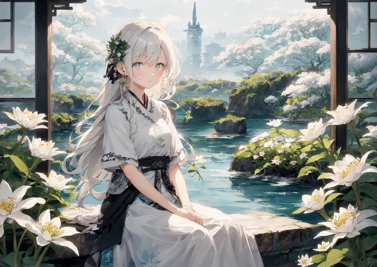 1girl, bangs, bouquet, branch, camellia, chinese_clothes, cross, curtains, daisy, earrings, floral_background, flower, flower_\(symbol\), grey_eyes, hair_between_eyes, indoors, jewelry, lily_\(flower\), lily_pad, long_hair, looking_at_viewer, lotus, pink_flower, purple_flower, round_window, sitting, snowflakes, solo, tassel, vase, very_long_hair, white_flower, white_hair, white_rose, window