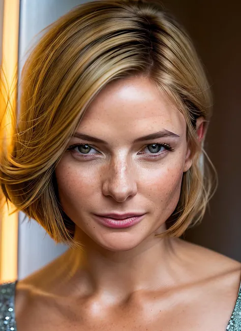 closeup portrait of skswoman, happy , wearing beaded , with honey blonde Layered haircut , background pagoda epic (photo, studio lighting, hard light, sony a7, 50 mm, matte skin, pores, colors, hyperdetailed, hyperrealistic), <lyco:Rebecca Ferguson:1.2>
