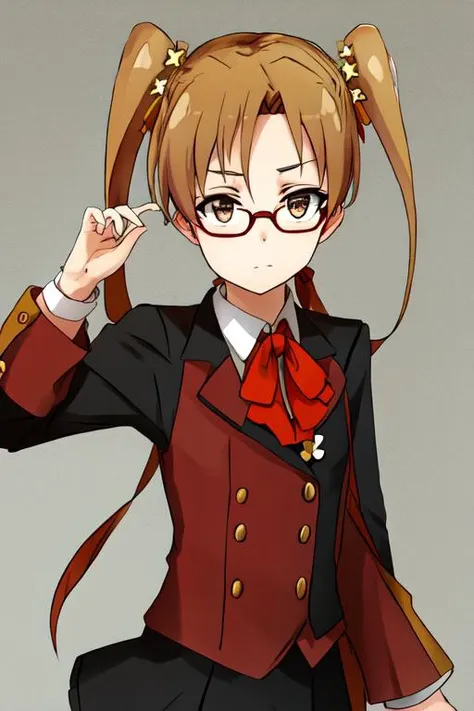 military-style jacket, lace jabot, and steampunk-style glasses <lora:wetshirt15_v1.1.0:1> wetshirt   <lora:sherry tueli s2-lora-nochekaiser:0.8> sherry tueli, twintails, light brown hair, long hair, hair ornament, ribbon