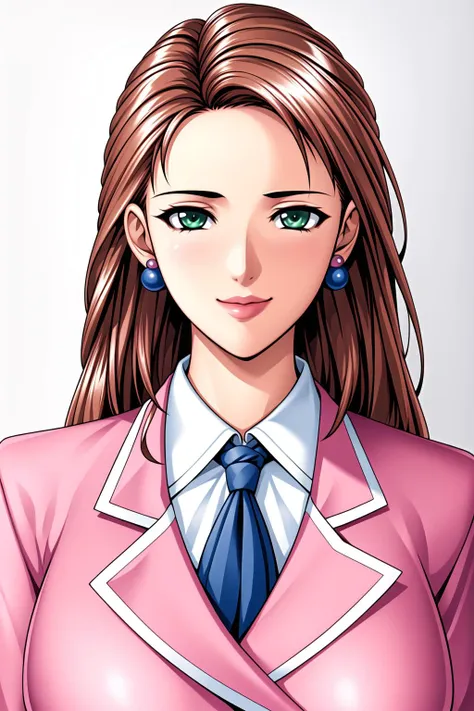 Simple White Background,
pink pencil skirt, pink jacket,collared shirt, white shirt, blue necktie,belt,
<lora:Takashima_Kumi_Isaku-KK77-V3:0.7>,jewelry,earrings,
bangs,long hair,brown hair,green eyes,
<lora:Oda_Non_Style-KK77-V2:0.3>,<lora:more_details:0.1>,
1 girl, 20yo,Young female,Beautiful Finger,Beautiful long legs,Beautiful body,Beautiful Nose,Beautiful character design, perfect eyes, perfect face,expressive eyes,perfect balance,
looking at viewer,(Focus on her face),Light_Smile,(red_lips:0.2), 
official art,extremely detailed CG unity 8k wallpaper, perfect lighting,Colorful, Bright_Front_face_Lighting,White skin,
(masterpiece:1.0),(best_quality:1.0), ultra high res,4K,ultra-detailed,
photography, 8K, HDR, highres, absurdres:1.2, Kodak portra 400, film grain, blurry background, bokeh:1.2, lens flare, (vibrant_color:1.2),professional photograph,
(Beautiful,large_Breasts:1.4), (beautiful_face:1.5),(narrow_waist),