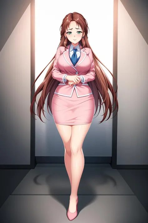 Simple White Background,
pink pencil skirt, pink jacket,collared shirt, white shirt, blue necktie,belt,
<lora:Takashima_Kumi_HIsaku-KK77-V2:0.7>,jewelry,earrings,
bangs,long hair,brown hair,green eyes,
<lora:Mariana_Luciano_NON_VIRGIN-KK77-V1:0.2>,<lora:more_details:0.2>,
1 girl, 20yo,Young female,Beautiful Finger,Beautiful long legs,Beautiful body,Beautiful Nose,Beautiful character design, perfect eyes, perfect face,expressive eyes,perfect balance,
looking at viewer,(Focus on her face),closed mouth, (innocent_big_eyes:1.0),Light_Smile,
official art,extremely detailed CG unity 8k wallpaper, perfect lighting,Colorful, Bright_Front_face_Lighting,shiny skin,
(masterpiece:1.0),(best_quality:1.0), ultra high res,4K,ultra-detailed,
photography, 8K, HDR, highres, absurdres:1.2, Kodak portra 400, film grain, blurry background, bokeh:1.2, lens flare, (vibrant_color:1.2),professional photograph,
(Beautiful,large_Breasts:1.4), (beautiful_face:1.5),(narrow_waist),
