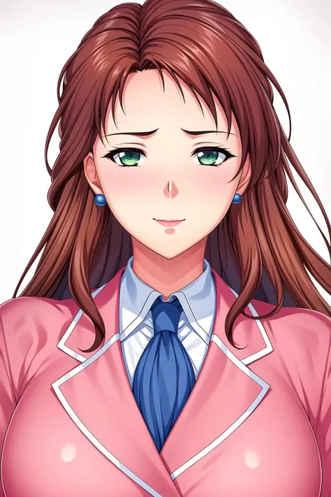 Simple White Background,
pink jacket,collared shirt, white shirt, blue necktie,belt,
<lora:Takashima_Kumi_HIsaku-KK77-V2:0.7>,jewelry,earrings,
bangs,long hair,brown hair,green eyes,
<lora:Mariana_Luciano_NON_VIRGIN-KK77-V1:0.3>,<lora:more_details:0.1>,
1 girl, 20yo,Young female,Beautiful Finger,Beautiful long legs,Beautiful body,Beautiful Nose,Beautiful character design, perfect eyes, perfect face,expressive eyes,perfect balance,
looking at viewer,(Focus on her face),closed mouth, (innocent_big_eyes:1.0),Light_Smile,
official art,extremely detailed CG unity 8k wallpaper, perfect lighting,Colorful, Bright_Front_face_Lighting,shiny skin,
(masterpiece:1.0),(best_quality:1.0), ultra high res,4K,ultra-detailed,
photography, 8K, HDR, highres, absurdres:1.2, Kodak portra 400, film grain, blurry background, bokeh:1.2, lens flare, (vibrant_color:1.2),professional photograph,
(Beautiful,large_Breasts:1.4), (beautiful_face:1.5),(narrow_waist),