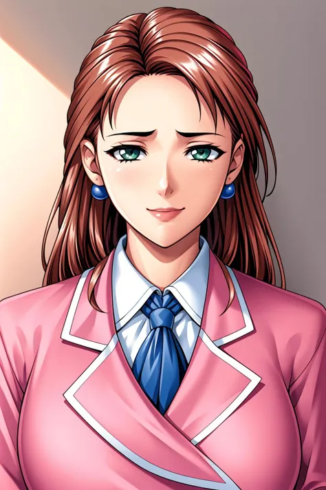 Simple White Background,
pink pencil skirt, pink jacket,collared shirt, white shirt, blue necktie,belt,
<lora:Takashima_Kumi_Isaku-KK77-V3:0.7>,jewelry,earrings,
bangs,long hair,brown hair,green eyes,
<lora:Mariana_Luciano_NON_VIRGIN-KK77-V1:0.3>,<lora:more_details:0.1>,
1 girl, 20yo,Young female,Beautiful Finger,Beautiful long legs,Beautiful body,Beautiful Nose,Beautiful character design, perfect eyes, perfect face,expressive eyes,perfect balance,
looking at viewer,(Focus on her face),closed mouth, (innocent_big_eyes:1.0),Light_Smile,
official art,extremely detailed CG unity 8k wallpaper, perfect lighting,Colorful, Bright_Front_face_Lighting,shiny skin,
(masterpiece:1.0),(best_quality:1.0), ultra high res,4K,ultra-detailed,
photography, 8K, HDR, highres, absurdres:1.2, Kodak portra 400, film grain, blurry background, bokeh:1.2, lens flare, (vibrant_color:1.2),professional photograph,
(Beautiful,large_Breasts:1.4), (beautiful_face:1.5),(narrow_waist),