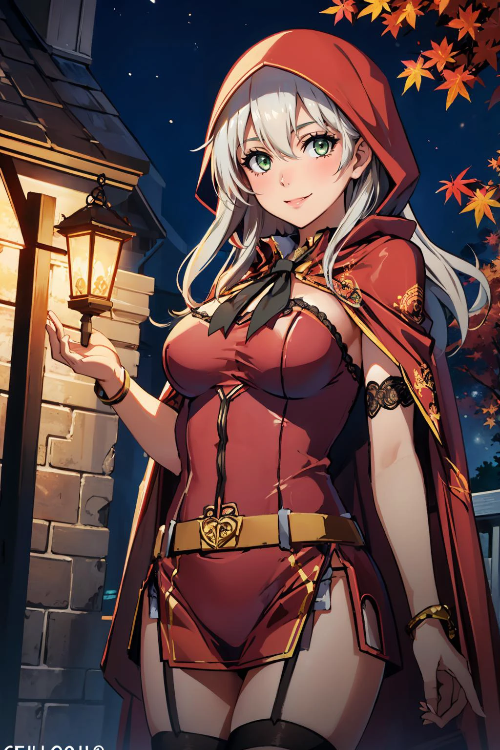 masterpiece, best quality, <lora:edgRedRidingHood_MINI:1> RHG, a woman in a red cape and black stockings, wearing RHG <lora:elie-nvwls-v2-zero:0.7> elie macdowell, green eyes, looking at viewer, night, autumn, smile, glowing eyes, haunted house