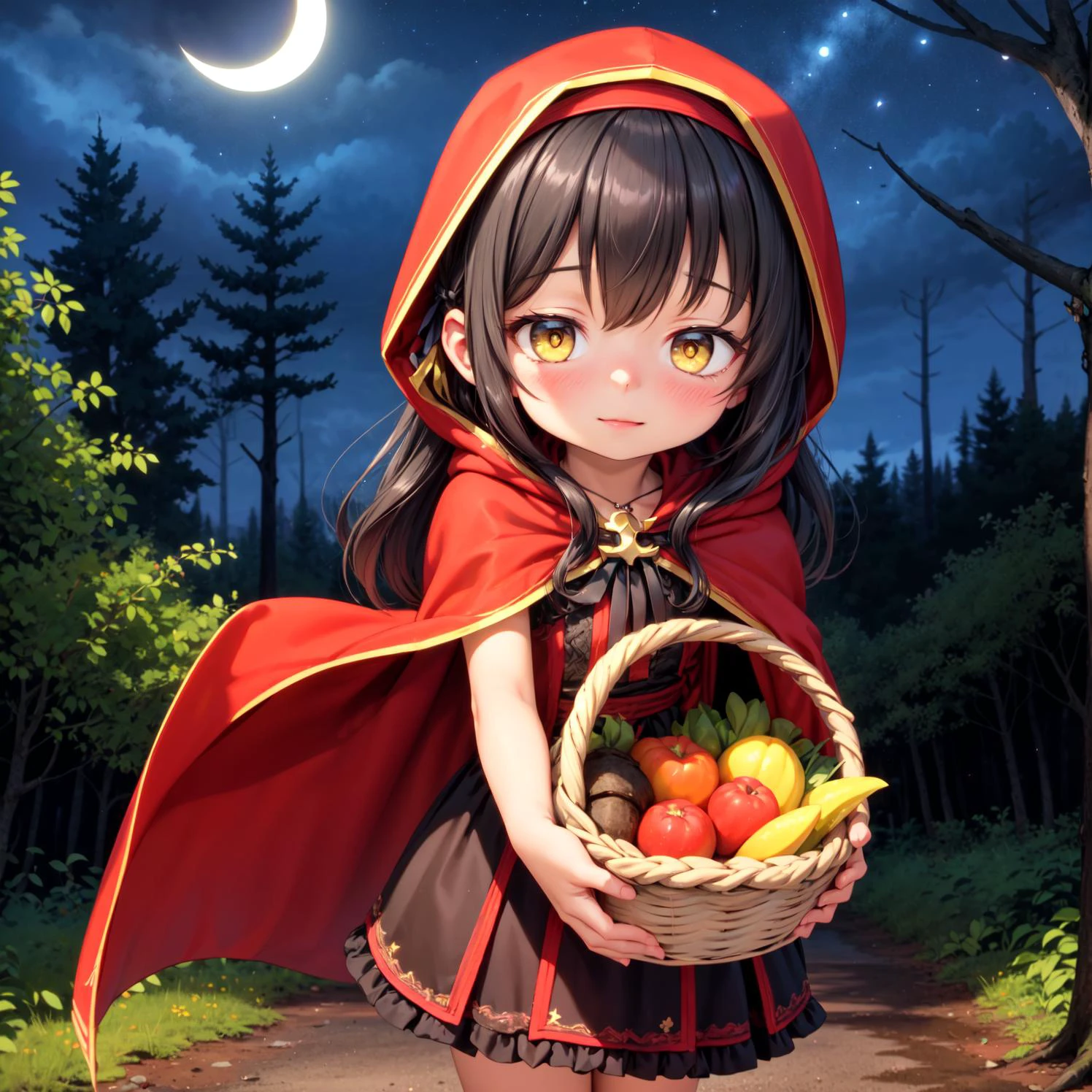 voloumetric lighting,(3d, render, photorealistic),((realistic)),masterpiece, best quality, 1girl waling though dark forest, cute, sidelocks, long hair, curly hair,(RHG, wearing RHG) , (blushing),yellow eyes, black hair, outdoors, forest, trees, dense forest,dirt path,dark forest, darkness, crescent moon, night, hair ribbon, cross pendant, hairband, happy, small eyes, looking around, holding food basket, cape, (hood),cloak, ((worried, scared)), night sky,(( vanishing point))
<lora:RHG:0.8>