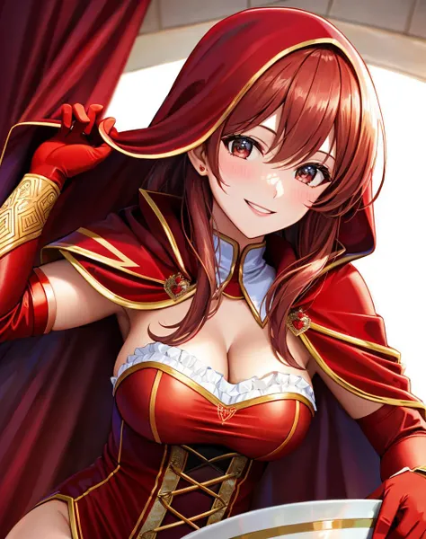 4K, Masterpiece, highres, absurdres, smiling,beautiful RHG, a woman in a red costume and a red cape ,wearing RHG, <lora:RHG:0.7>