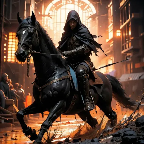 Best quality,masterpiece,ultra high res,
horse,horseback riding,riding,hood,hood up,armor,1boy,holding,cloak,ambiguous gender,solo,male focus,reins,1other,cape,torn clothes,outdoors,gauntlets,
<lora:ws4:0.7>,