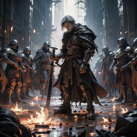 Best quality,masterpiece,ultra high res,
weapon,armor,sword,monster,6+boys,multiple boys,holding,male focus,holding weapon,white hair,
<lora:ws4:0.7>,