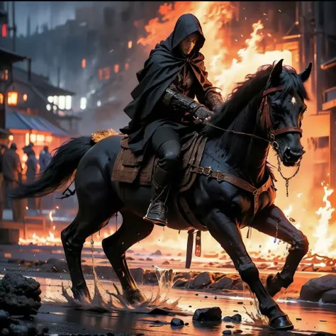 Best quality,masterpiece,ultra high res,
horse,horseback riding,riding,hood,hood up,armor,1boy,holding,cloak,ambiguous gender,solo,male focus,reins,1other,cape,torn clothes,outdoors,gauntlets,
<lora:ws4:0.7>,