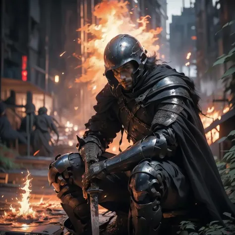 Best quality,masterpiece,ultra high res,
planted,planted sword,armor,weapon,sword,solo,helmet,cape,1boy,full armor,gauntlets,1other,male focus,sitting,blood,ambiguous gender,shoulder armor,fire,knight,
<lora:ws4:0.7>,