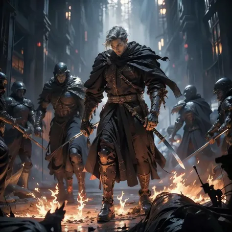 Best quality,masterpiece,ultra high res,
weapon,armor,sword,monster,6+boys,multiple boys,holding,male focus,holding weapon,white hair,
<lora:ws4:0.7>,