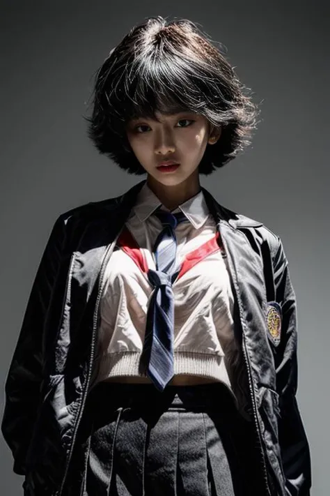 (black woman:1.8), pale, body outline, lean face, down lighting, 1girl, sexy japanese school girl uniform, simple background, red background, masterpiece, UHD, photorealism, perfect face, perfect body, glistening skin, <lora:more_details:1.1>, <lora:FilmVelvia3:1>, <lora:tt_flat:-1>,