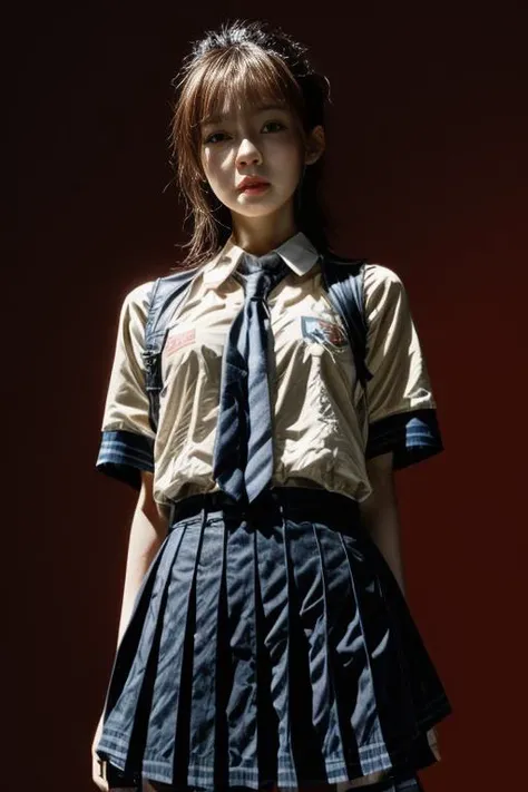 (dark skin:1), pale, body outline, lean face, down lighting, 1girl, sexy japanese school girl uniform, simple background, red background, masterpiece, UHD, photorealism, perfect face, perfect body, glistening skin, <lora:more_details:1.1>,  <lora:FilmVelvia3:1>,  <lora:tt_flat:-1>,