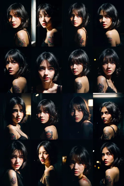 vibrant colors, (tatoos:1), (RAW photo, best quality), (realistic, photo-realistic:1.2), 1girl, high quality, (high detailed skin:1.4), puffy eyes, gorgeous hair, <lora:epiNoiseoffset_v2:1.8>, (dark room:1.3), (rim lighting:1.3), (dimly lit:1.3), (dark night:1.3), indoors, portrait, black hair, dark background, short hair,<lora:more_details:1>, <lora:FilmVelvia3:1>