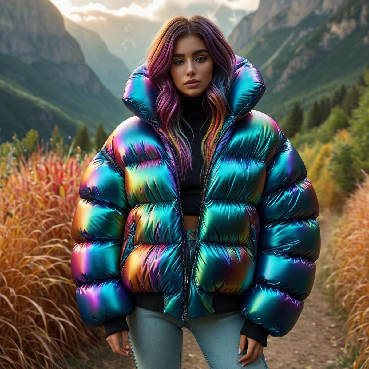 full body shot of one high collar american girls wearing an Psychedelic extra_puffy_jacket, unique hair styles, looking at the camera, shallow depth of field, 8k uhd, dslr, soft lighting, high quality, photorealistic, realism, hyperrealism,
, outdoors scene
<lora:Puffer_Jacket_and_Down_Jacket_-_Extra_Puffy_Jackets:0.7>
