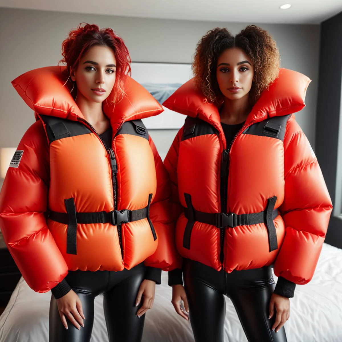 full body shot of two life jacket american professional women wearing an red and black extra_puffy_jacket, unique hair styles, looking at the camera, shallow depth of field, 8k uhd, dslr, soft lighting, high quality, photorealistic, realism, hyperrealism,
, bedroom scene
<lora:Puffer_Jacket_and_Down_Jacket_-_Extra_Puffy_Jackets:0.7>