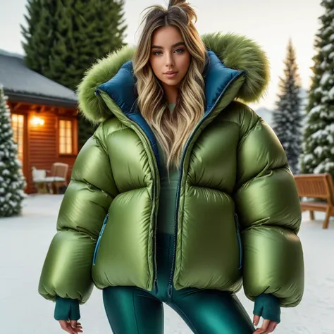 full body shot of snowboarding  american girls  wearing an green and blue  extra_puffy_jacket,  unique hair styles,   looking at the camera, shallow depth of field, 8k uhd, dslr, soft lighting, high quality, photorealistic, realism, hyperrealism,
, garden scene 
 <lora:Puffer_Jacket_and_Down_Jacket_-_Extra_Puffy_Jackets:0.7>