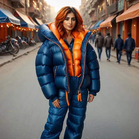 full body shot of overalls  pakistani 40 year old women  wearing an blue and orange  extra_puffy_jacket,  unique hair styles,   looking at the camera, shallow depth of field, 8k uhd, dslr, soft lighting, high quality, photorealistic, realism, hyperrealism,
, rundown city scene 
 <lora:Puffer_Jacket_and_Down_Jacket_-_Extra_Puffy_Jackets:0.7>