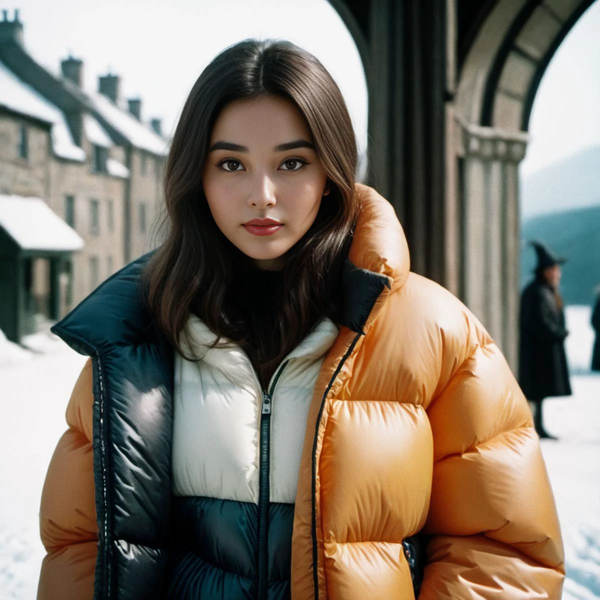 wearing a puffer ((extra_puffy_jacket)),
vintage cinematic scene, full portrait of cute woman wizard, subtle film grain, 35mm film, shot on bolex h16,
<lora:Puffer_Jacket_and_Down_Jacket_-_Extra_Puffy_Jackets:0.1>
<lora:Wizards_Vintage_Cinematic_scene:0.7>