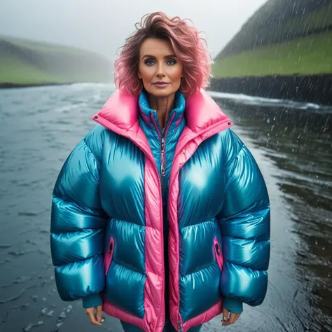 full body shot of one high collar  irish middle aged women  wearing an blue and pink  extra_puffy_jacket,  unique hair styles,   looking at the camera, shallow depth of field, 8k uhd, dslr, soft lighting, high quality, photorealistic, realism, hyperrealism,
, wetlook raining water scene 
 <lora:Puffer_Jacket_and_Down_Jacket_-_Extra_Puffy_Jackets:0.7>