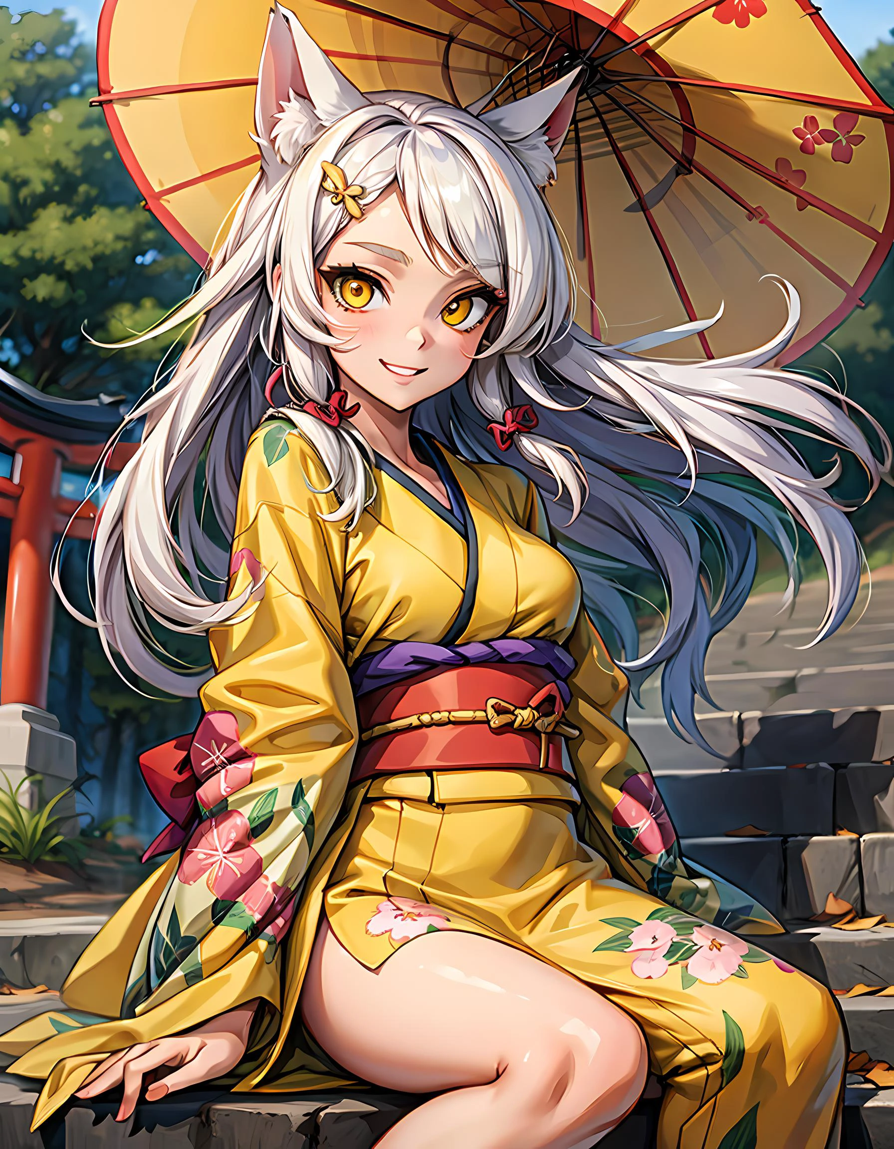 masterpiece, 1girl, best quality, beautiful detailed eyes, perfect face, beautiful detailed face, looking at viewer, sigma 400mm f1.8, photo fine print, amazing sharp focus, ultra detailed, yellow eyes, long hair, white hair, kimono, smile, animal ears, long sleeves, stairs, torii, sitting, floral print, medium breasts, <lyco:GoodHands-beta2:1.0>