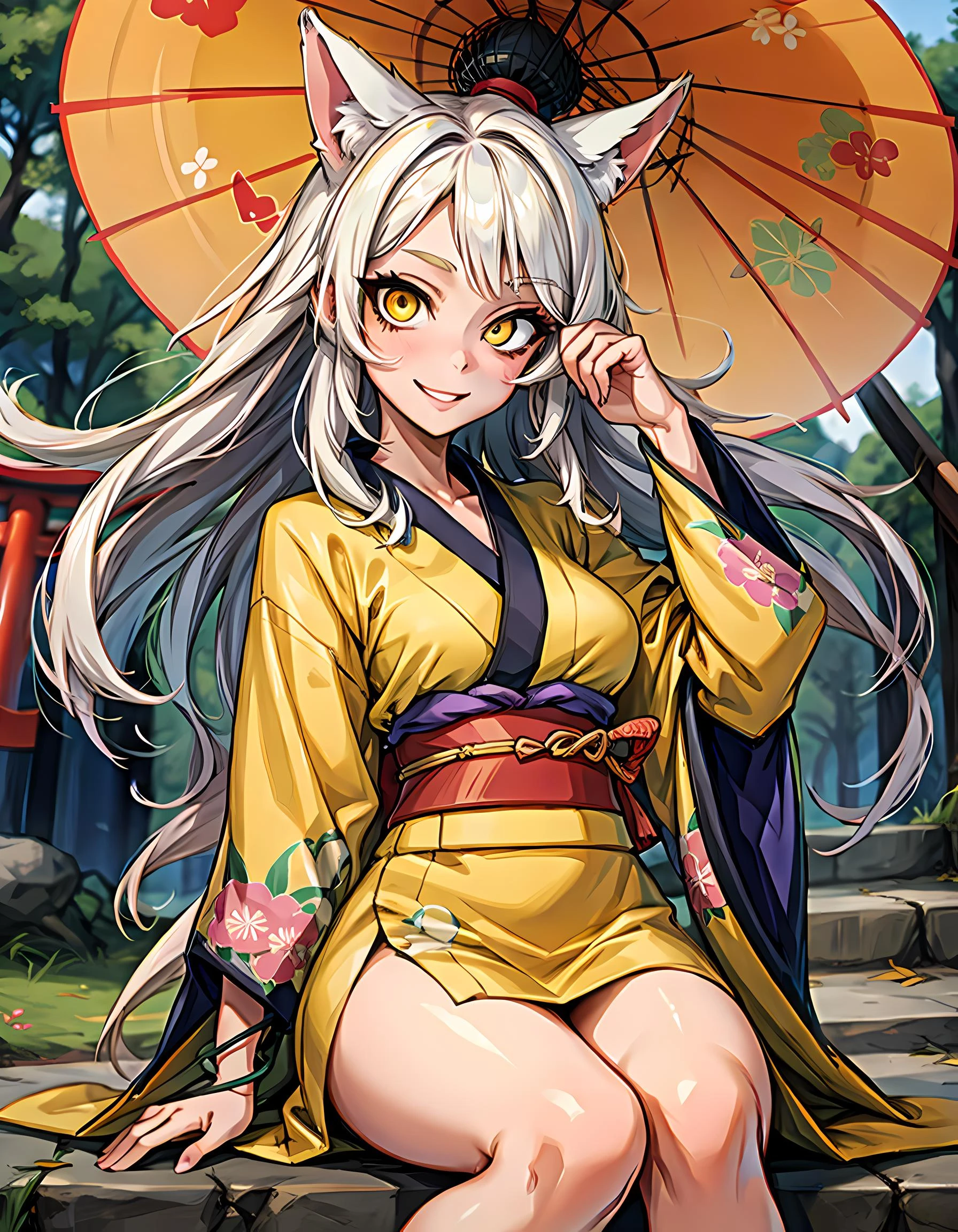 masterpiece, 1girl, best quality, beautiful detailed eyes, perfect face, beautiful detailed face, looking at viewer, sigma 400mm f1.8, photo fine print, amazing sharp focus, ultra detailed, yellow eyes, long hair, white hair, kimono, smile, animal ears, long sleeves, stairs, torii, sitting, floral print, medium breasts, <lyco:GoodHands-beta2:1.0>