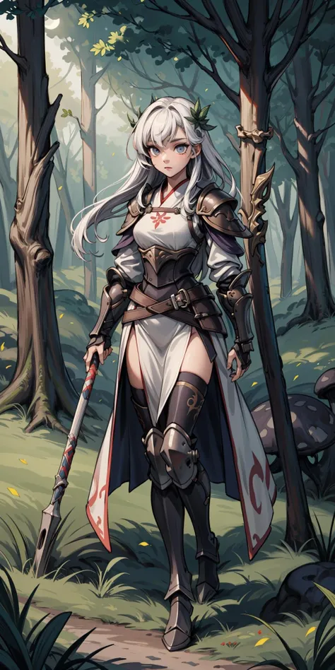 1girl, full body, armor, medieval armor,, meteor shower, grass, leaves, light streak, light particles, solar eclipse, white hair, mushroom forest, glowing forest, forest scenery, atmospheric scenery, hanfu, upper body