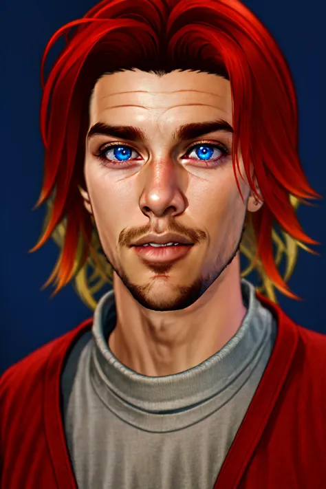 <lora:SecondLife:.6> Second Life, masterpiece, 1boy, male_focus, solo , red hair, blue eyes, facial hair, lips, looking at viewer, beard, simple background, sweater, Kodak colors, rim lighting,