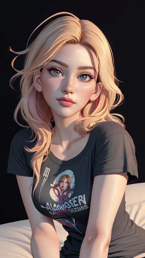 woman wearing a ((oversized t-shirt:1.2)), ((messy hair, bedhead)), long hair, hyper realistic, 4k, medium breasts, masterpiece, beautiful, facing the viewer, headshot, cleavage, pale skin, fair skin, ((nasolabial folds)), skin colored lipstick, DSLR RAW PHOTO, 8K, POV, canon 5d, 85mm, ((bedroom, early morning, sitting on a bed, dim lights, black background)), smirk, sexy pose, AS-Adult, (RAW photo:1.2), (photorealistic:1.4), (masterpiece:1.4), (best quality:1.4), ultra high res, ((detailed facial features)), HDR, 8k resolution, upper body, \(nikke\), (masterpiece:1.4), (best quality:1.4), (shiny skin), <lora:SLLORA_V2:1>