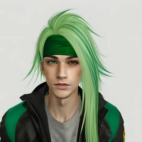 <lora:SecondLife:.6> Second Life, masterpiece, 1boy, male_focus, solosolo, heterochromia, green hair, red eyes, headband, long hair, green eyes, freckles, jacket, looking at viewer, bandana, open clothes, white background, upper body, open jacket, simple background, warm tones, Kodak colors, rim lighting,