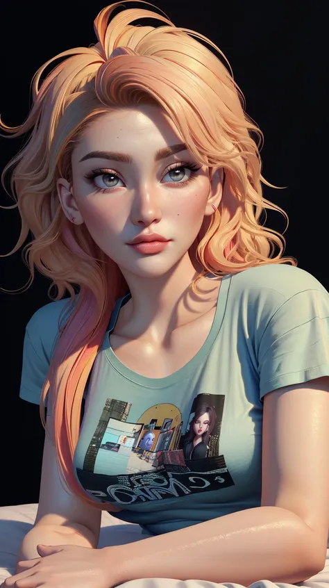 woman wearing a ((oversized t-shirt:1.2)), ((messy hair, bedhead)), long hair, hyper realistic, 4k, medium breasts, masterpiece, beautiful, facing the viewer, headshot, cleavage, pale skin, fair skin, ((nasolabial folds)), skin colored lipstick, DSLR RAW PHOTO, 8K, POV, canon 5d, 85mm, ((bedroom, early morning, sitting on a bed, dim lights, black background)), smirk, sexy pose, AS-Adult, (RAW photo:1.2), (photorealistic:1.4), (masterpiece:1.4), (best quality:1.4), ultra high res, ((detailed facial features)), HDR, 8k resolution, upper body, \(nikke\), (masterpiece:1.4), (best quality:1.4), (shiny skin), <lora:SLLORA_V2:1>
