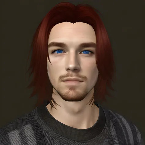 <lora:SecondLife:.6> Second Life, masterpiece, 1boy, male_focus, solo , red hair, blue eyes, facial hair,  looking at viewer, stubble, simple background, sweater, Kodak colors, rim lighting,